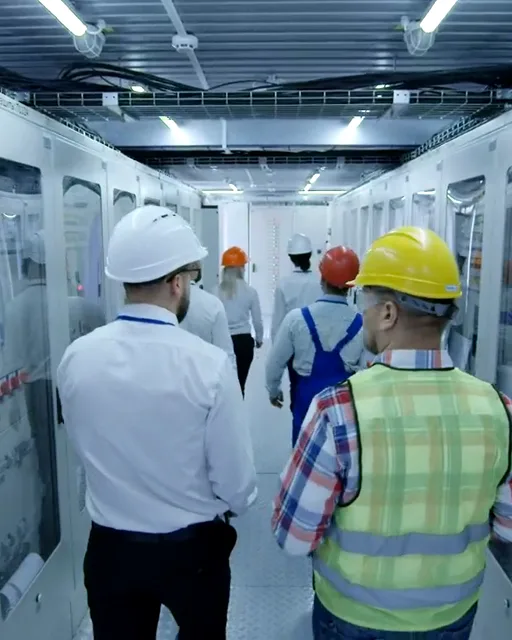 Engineers in hard hats and high-visibility vests walking through a switchgear hall